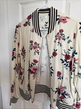 Grace & Lace Cream Floral Bomber Jacket with Pink Rose Print